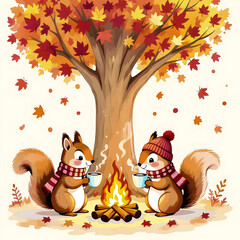 Naklejka premium cartoon two squirrels with mugs of hot tea near autumn tree with fire