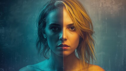 Artistic portrait of the young woman split into two halves, symbolizing bipolar disorder featuring contrasting blue and warm tones, highlighting emotional duality within a dramatic studio setting