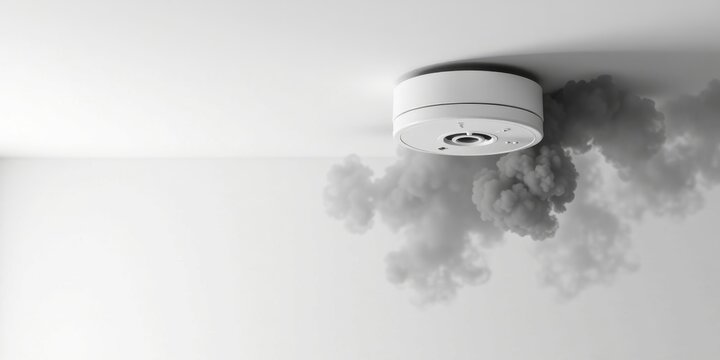 Ceiling-mounted smoke detector activating amidst a plume of smoke, a safety device triggered by a fire hazard, indicating a potential emergency situation requiring immediate action.