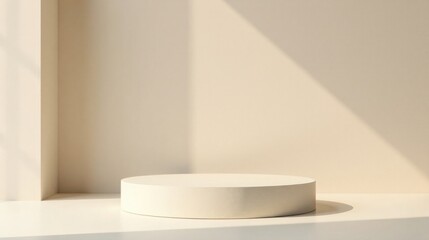 Minimalist cream-colored cylindrical display platform in a sunlit room with muted walls