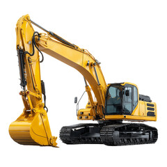 Yellow Excavator With Black Tracks Isolated On Transparent Background, PNG