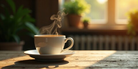 Obraz premium Aromatic Steam Rising from a Warm Cup of Coffee on a Rustic Wooden Table in the Soft Morning Sunlight