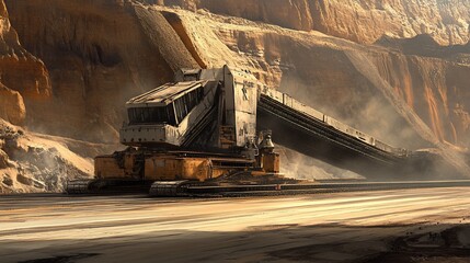 A massive conveyor belt machine in a desert landscape, conveying materials across vast distances
