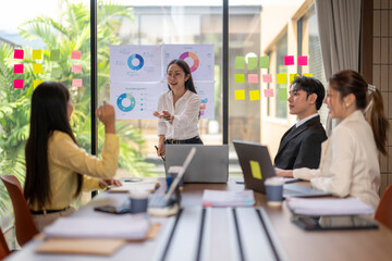 Asian businesswoman leading meeting with charts and sticky notes