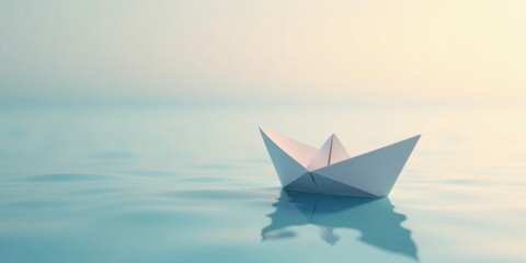 Obraz premium A Delicate Paper Boat Serenely Floats on Calm Aqua Waters at Dawn