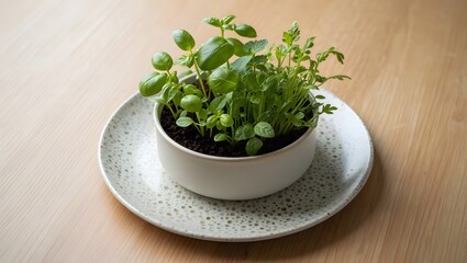 Fresh Herbs in White Pot on Speckled Plate