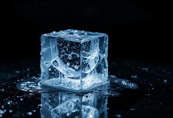 Close up of a melting ice cube with water droplets reflecting blue light on a dark surface