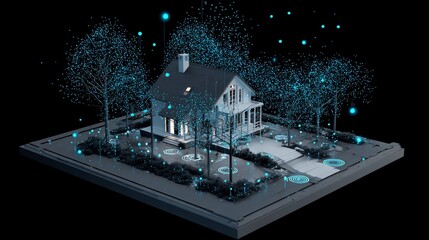 Modern house with glowing digital trees, background, illustrating smart home technology use