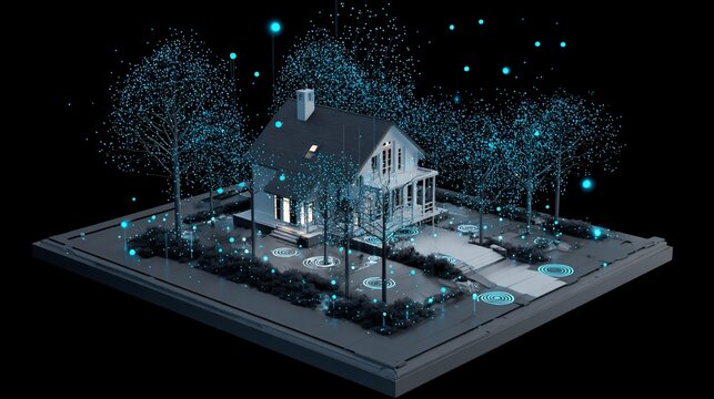 Modern house with glowing digital trees, background, illustrating smart home technology use