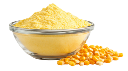 Yellow Corn Meal and Kernels in Glass Bowl, cut out transparent