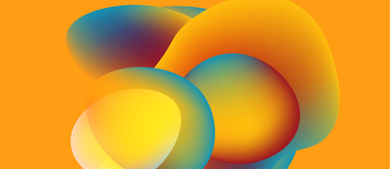 Abstract colorful shapes overlap, creating vibrant gradients. Orange dominates background, with blue, yellow highlights. Modern design.