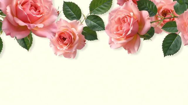 Elegant floral border composed of beautiful blooming pink roses with delicate petals and green leaves on a soft cream background