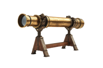 Vintage telescope resting on a wooden stand against black.