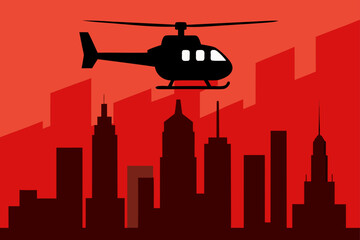 Helicopter Flying Over Cinematic City Skyline Scene