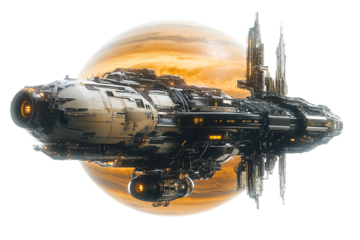 Majestic spaceship overlooking a planet in the depths of space