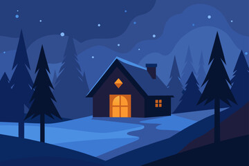 Lone Cabin Glowing in Snowy Forest Dusk