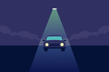 Lone Car Headlights Cutting Through Foggy Night Illustration