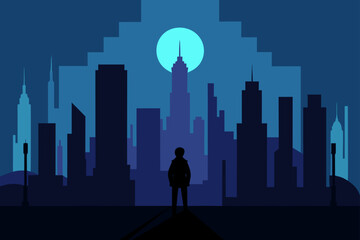 Lone Figure Standing Before Glowing City Skyline Art