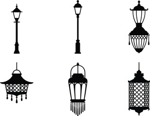 Vintage lantern silhouettes, ornate street lamp designs, traditional hanging lights, pagoda-style fixtures, decorative black icons, architectural lighting elements, retro vector illustration