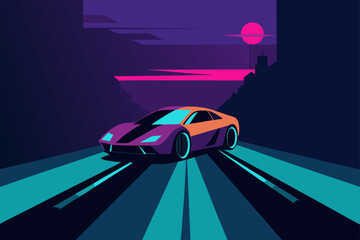 Sports Car Racing Down Neon Lit Highway