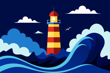 Storm Waves Crashing Against Glowing Lighthouse