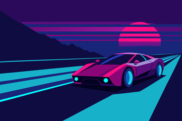 Sports Car Racing Down Neon Lit Highway Scene