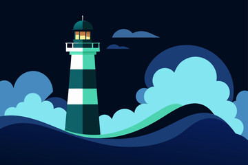 Storm Waves Crashing Against Glowing Lighthouse Illustration