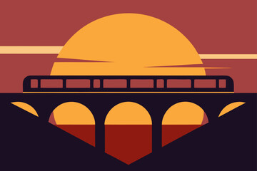 Train Crossing Bridge at Dramatic Golden Hour Illustration