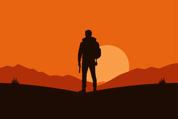 Traveler Silhouette Against Orange Sky Horizon