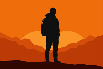 Traveler Silhouette Against Orange Sky Horizon Illustration