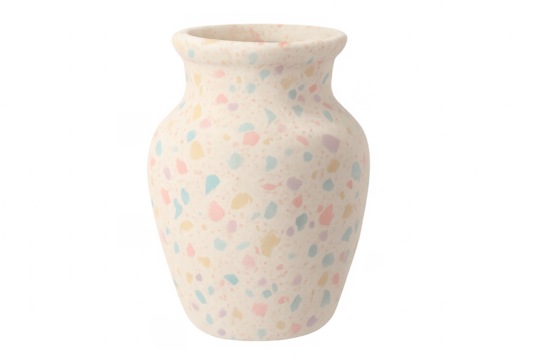Terrazzo vase exhibiting pastel palette on transparent background