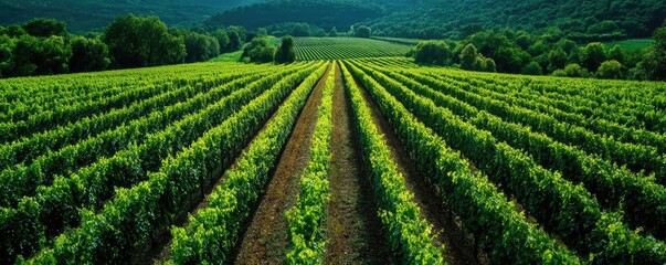 Fototapeta premium Green field with vineyard rows for harvesting concept. Vast vineyard landscape with lush green rows and serene hills.