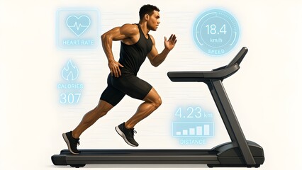 Side Profile of Male Athlete Sprinting with Futuristic Fitness UI/UX Data Overlays