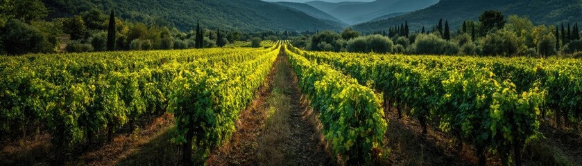 Obraz premium Green field with vineyard rows for harvesting concept. Lush vineyard landscape with rows of grapevines under sunset.