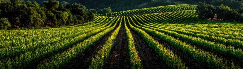 Fototapeta premium Green field with vineyard rows for harvesting concept. Vibrant green fields showcasing rows of neatly planted crops.