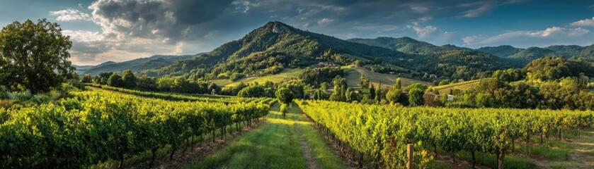 Fototapeta premium Green field with vineyard rows for harvesting concept. Stunning vineyard landscape with rolling hills and dramatic clouds.