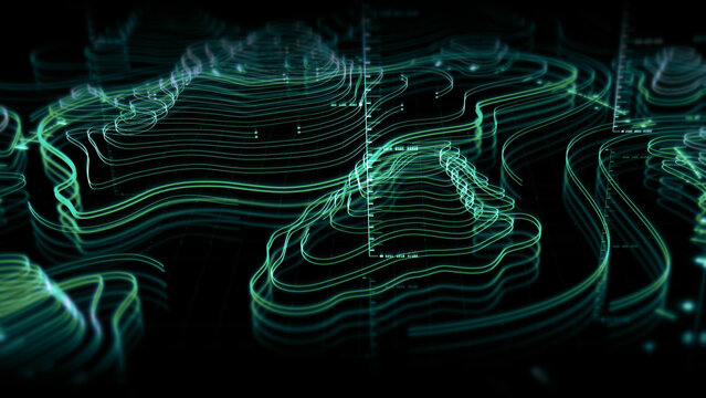 Futuristic Holographic Terrain environment, geomorphology, topography motion graphic user interface head up display screen