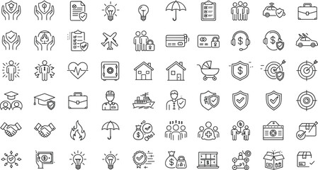 Business insurance icons set, security protection, financial safety, healthcare, travel, education, innovation, banking, teamwork, digital payment, technology, minimal line design