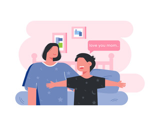 Boy wants to hug his mom and say love in his room at night before going to sleep. Mother illustrations. Flat vector illustration.