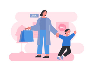 Mom is buying clothes fashion at the mall with her son. Mother illustrations. Flat vector illustration.
