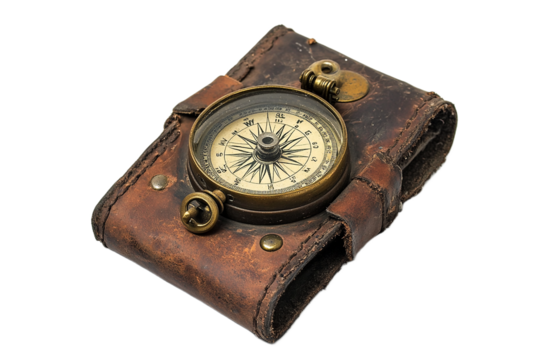 Vintage navigation: Antique compass inside a leather case.