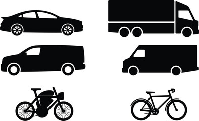 Car truck van bicycle silhouettes, transport vehicle collection, urban mobility illustration, delivery van design, cycling vector icons, automotive transport set