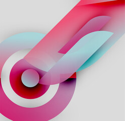 Abstract shapes overlap, creating vibrant color gradients. Pink, red, light blue dominate composition. Modern design elements present.