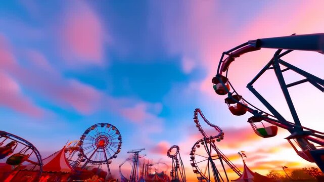Colorful Ferris Wheel and Roller Coasters at Sunset