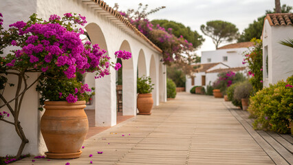 Traditional Greek village architecture lines a narrow stone street, with vibrant flowers and ancient wooden doors adorning the old, weathered walls of the buildings Rustic Mediterranean Courtyard with