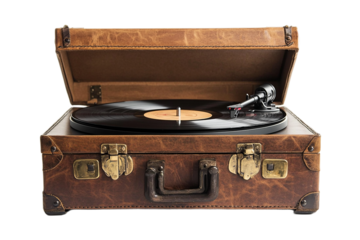 Vintage leather record player with vinyl and opened lid