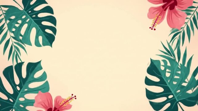 Summer Tropical Floral Background with Monstera Leaves and Hibiscus Flowers, Vector Illustration