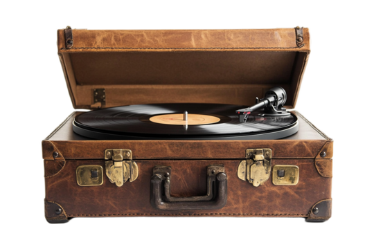 Vintage leather record player with vinyl and opened lid