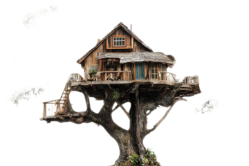 Rustic wooden treehouse stands tall against a dark backdrop.