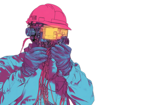 Cyberpunk engineer with robotic head and vibrant colors